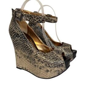 Luichiny Wedge Sandals Womens 8M Brown Snakeskin Peep Toe Ankle Strap